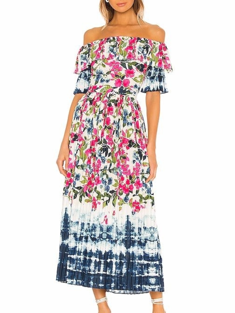 Misa Los Angeles Off-Shoulder Floral Maxi Dress in Pink and Navy Tie-Dye